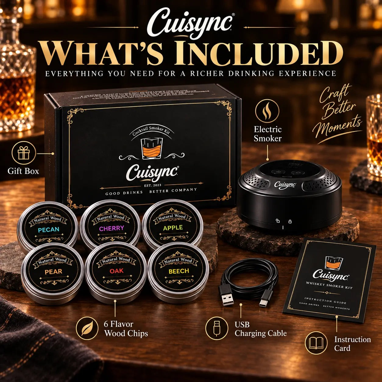 New Electric Whiskey Smoker Kit with 6 Wood Chips