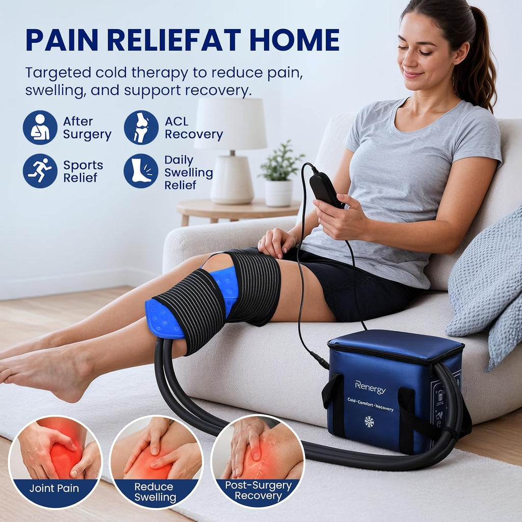 Renergy Ice Machine for Knee After Surgery, Portable Cold Therapy Machine for Knee Replacement, Post Surgery Ice Therapy System, Timer, 3 Flow Rates, Ice Compression Pad for ACL Recovery & Pain Relief