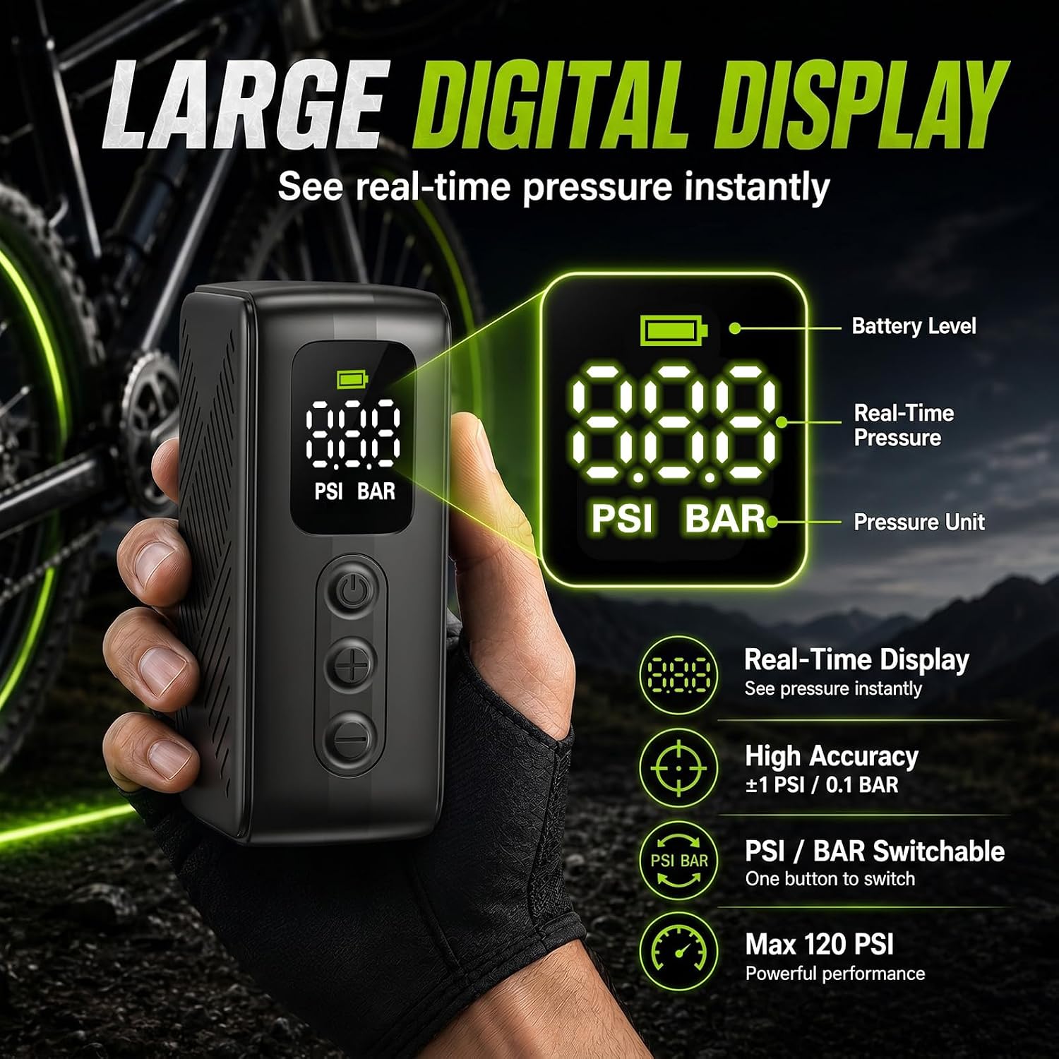 Mini Electric Bike Pump for Presta & Schrader Valves, 120PSI Portable Small Bicycle Tire Inflator Air Pump with Digital Gauge, Auto Stop, Fast Inflation, Type-C for Road Bike MTB E-Bike Balls