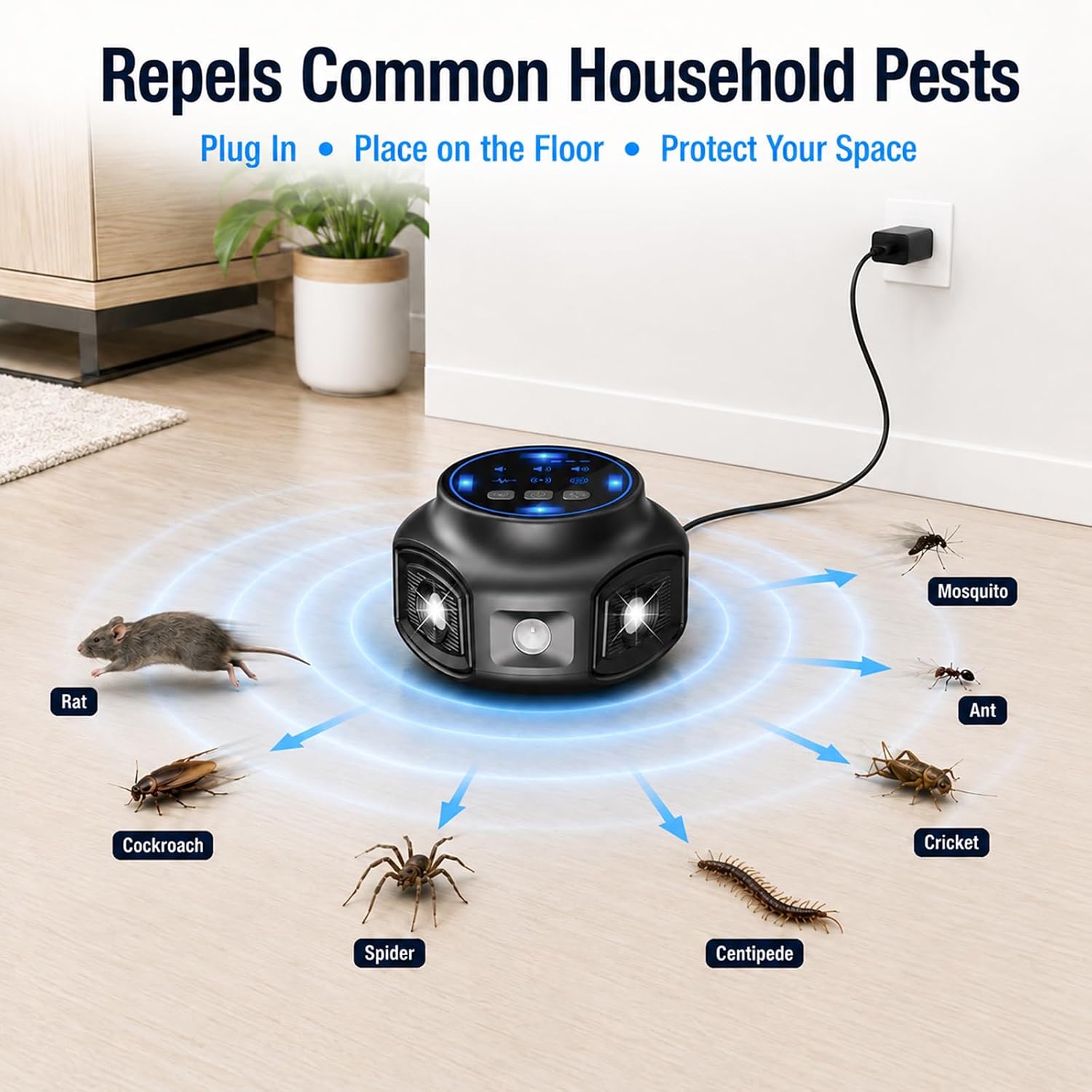 Indoor Ultrasonic Pest Repeller, 3 Ultrasonic Mode, 25-65 KHz | LED White Flashing, 360° Coverage, Electronic Rodent Repellent for Rats & Squirrel, Ideal for Home, Kitchen, Garage, Attic