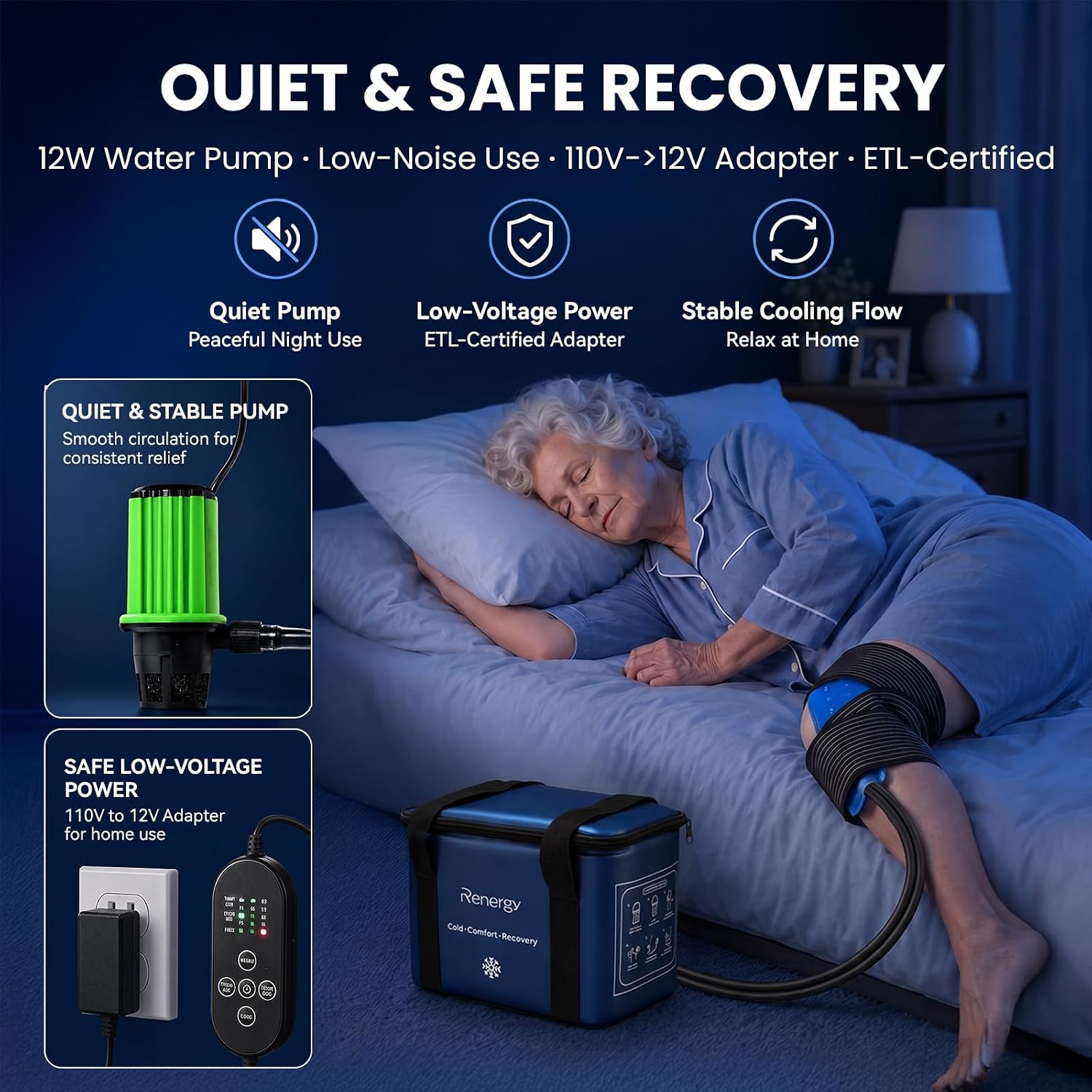 Renergy Ice Machine for Knee After Surgery, Portable Cold Therapy Machine for Knee Replacement, Post Surgery Ice Therapy System, Timer, 3 Flow Rates, Ice Compression Pad for ACL Recovery & Pain Relief