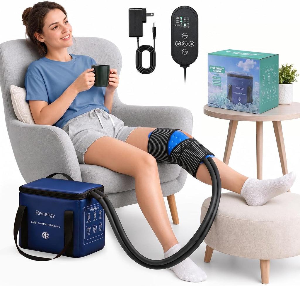 Renergy Ice Machine for Knee After Surgery, Portable Cold Therapy Machine for Knee Replacement, Post Surgery Ice Therapy System, Timer, 3 Flow Rates, Ice Compression Pad for ACL Recovery & Pain Relief