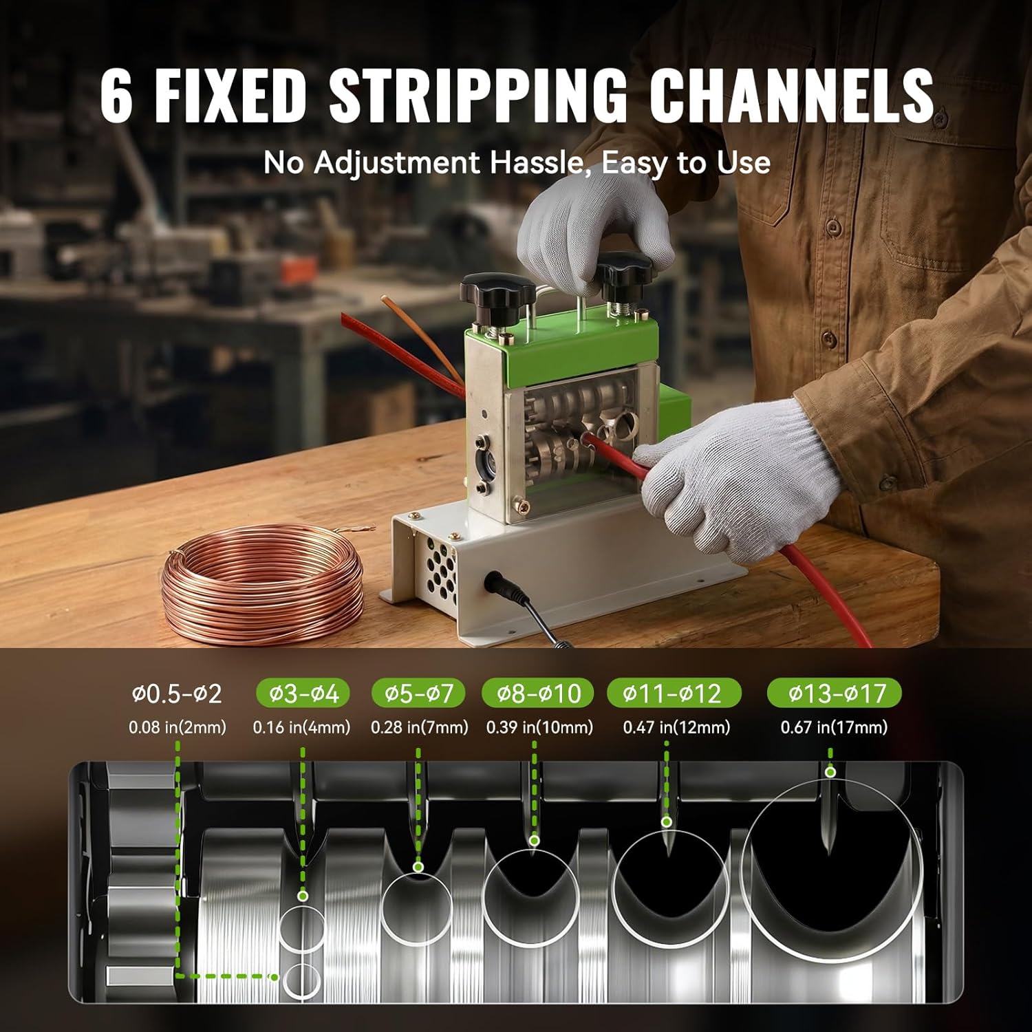 Electric Wire Stripping Machine, 0.06''-0.67'' Automatic Wire Stripper Machine with 6 Channels 5 Blades, Electric Cable Stripper Machine with 35 W All-Copper Motor for Leftover Cable Recycle