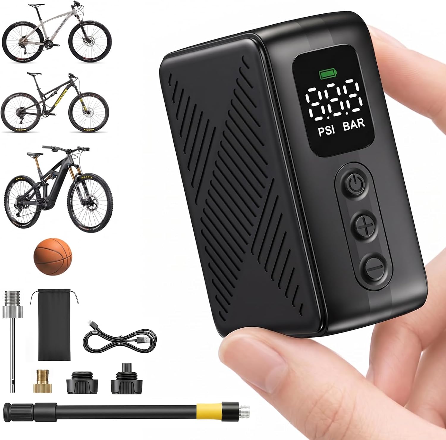 Mini Electric Bike Pump for Presta & Schrader Valves, 120PSI Portable Small Bicycle Tire Inflator Air Pump with Digital Gauge, Auto Stop, Fast Inflation, Type-C for Road Bike MTB E-Bike Balls