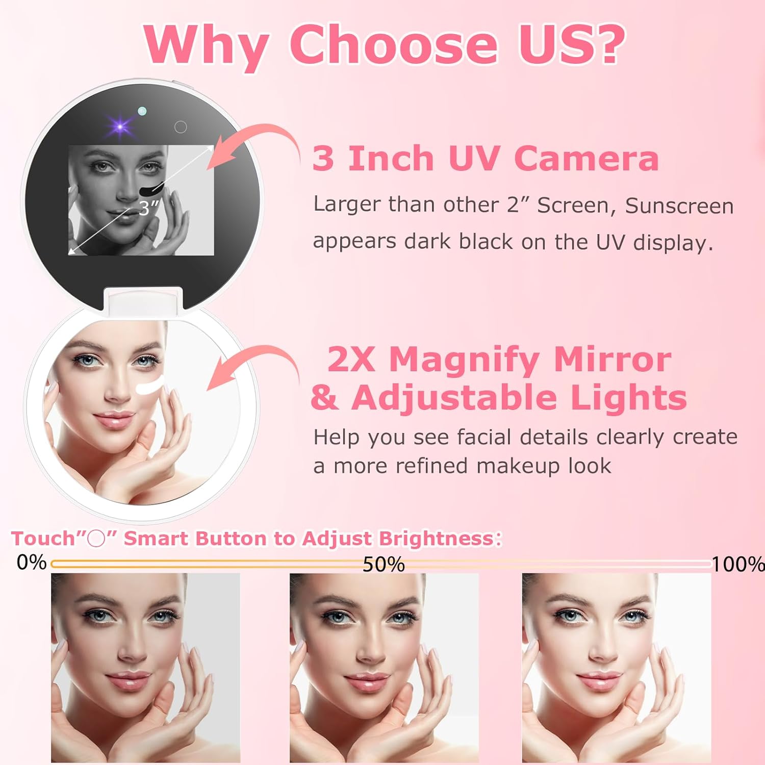 UV Camera Mirror for Sunscreen Test with Dimmable LED Lights