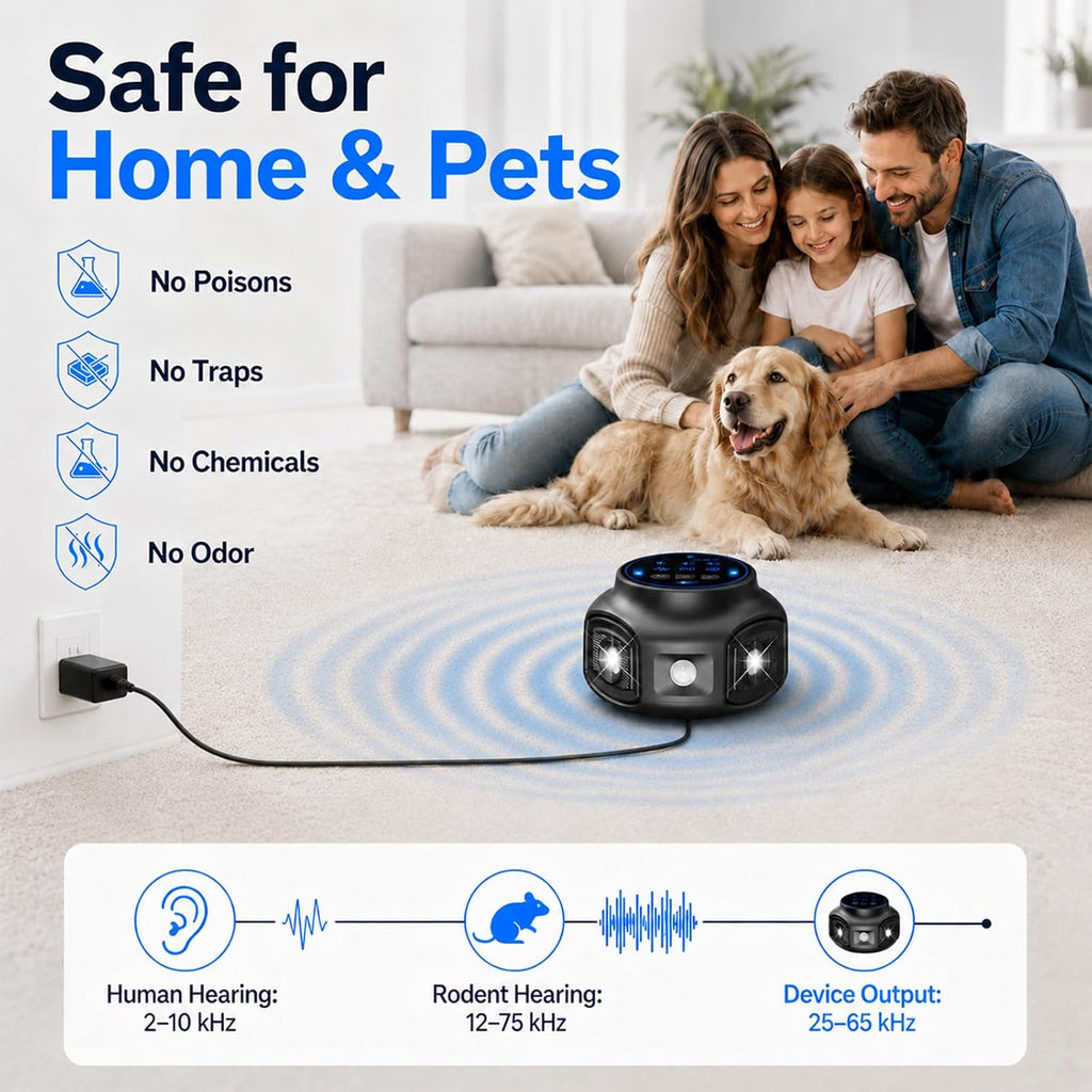 Indoor Ultrasonic Pest Repeller, 3 Ultrasonic Mode, 25-65 KHz | LED White Flashing, 360° Coverage, Electronic Rodent Repellent for Rats & Squirrel, Ideal for Home, Kitchen, Garage, Attic