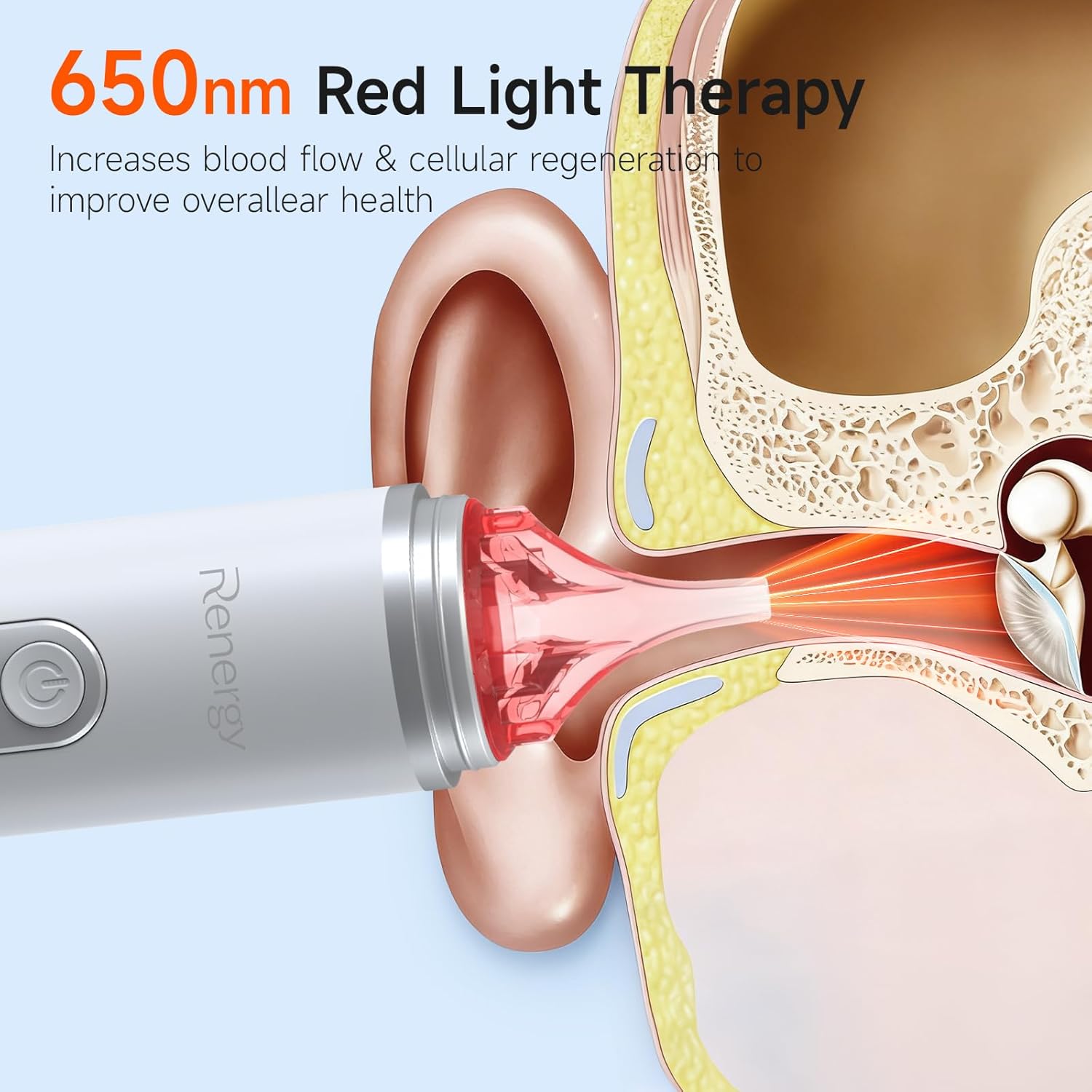 Renergy Ear Dryer, Rechargeable Ear Water Drying Aid with Red Light Therapy, Electric Ear Water Remover with 3 Airflow Modes & Massage for Dry Ears, Swimmers, Showers, Water Sports, Hearing Aid Use