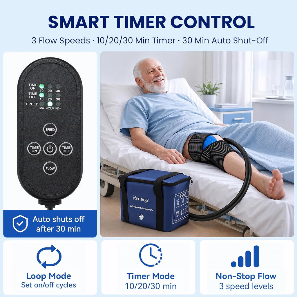Renergy Ice Machine for Knee After Surgery, Portable Cold Therapy Machine for Knee Replacement, Post Surgery Ice Therapy System, Timer, 3 Flow Rates, Ice Compression Pad for ACL Recovery & Pain Relief