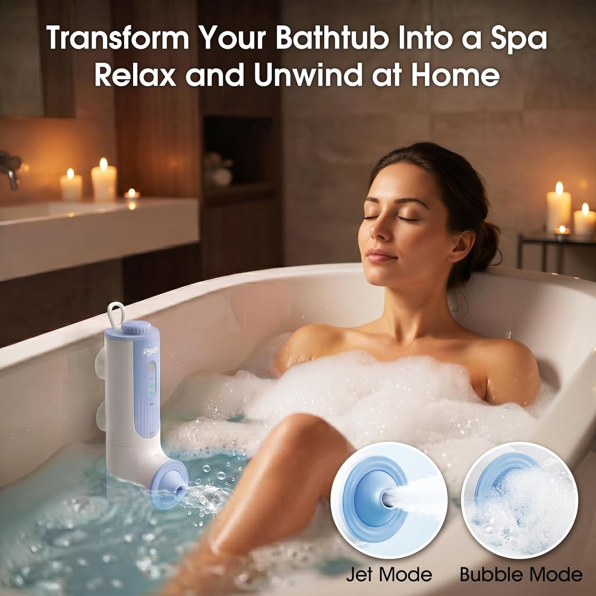 DayIn Bath Jets for Tub, Cordless Portable Jet Spa for Bathtub, 2-Speed Jet & Bubble Mode, Type-C Rechargeable, 60+ Min Runtime, 360°Adjustable Water Flow, Bath Accessories for Home Spa, Stress Relief