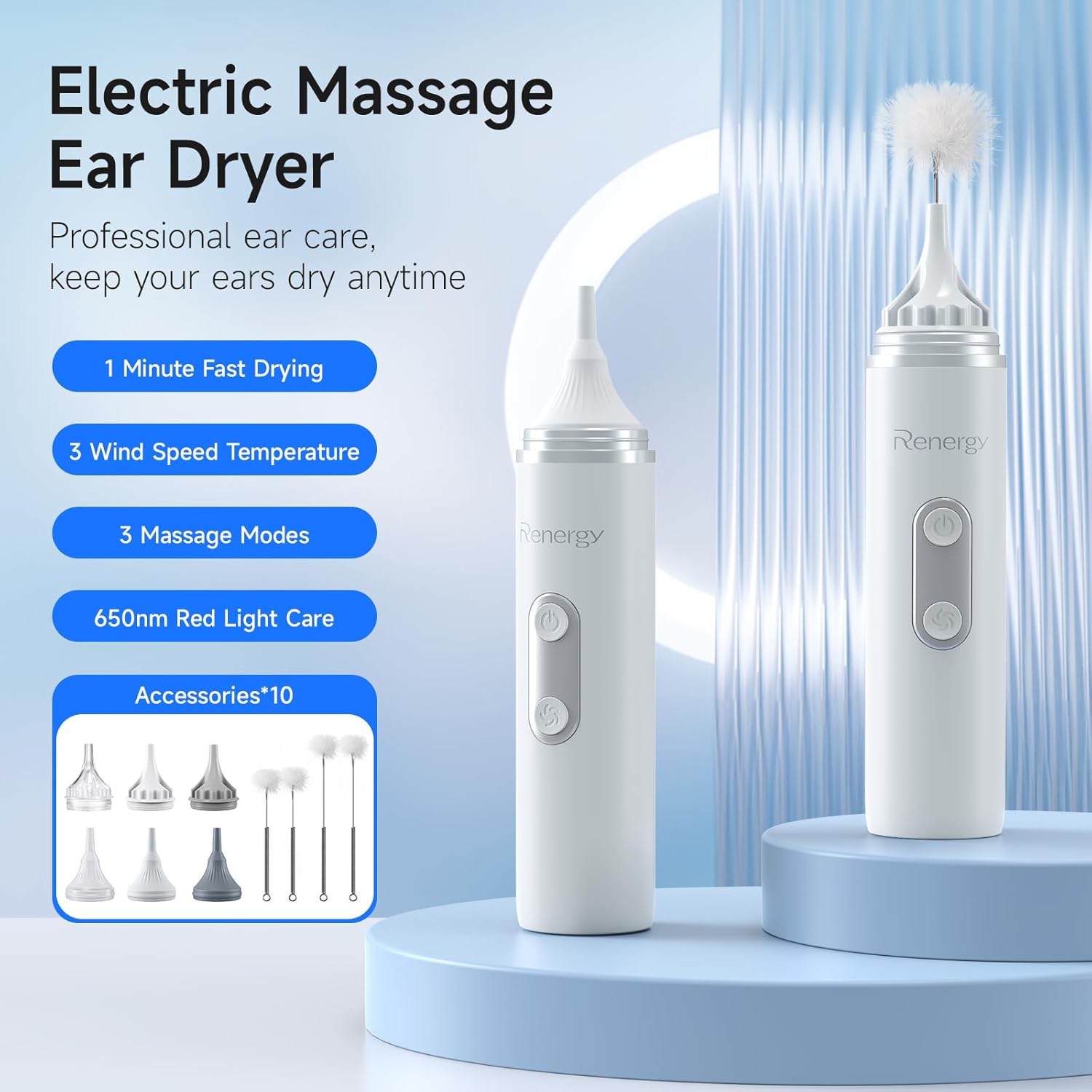 Renergy Ear Dryer, Rechargeable Ear Water Drying Aid with Red Light Therapy, Electric Ear Water Remover with 3 Airflow Modes & Massage for Dry Ears, Swimmers, Showers, Water Sports, Hearing Aid Use