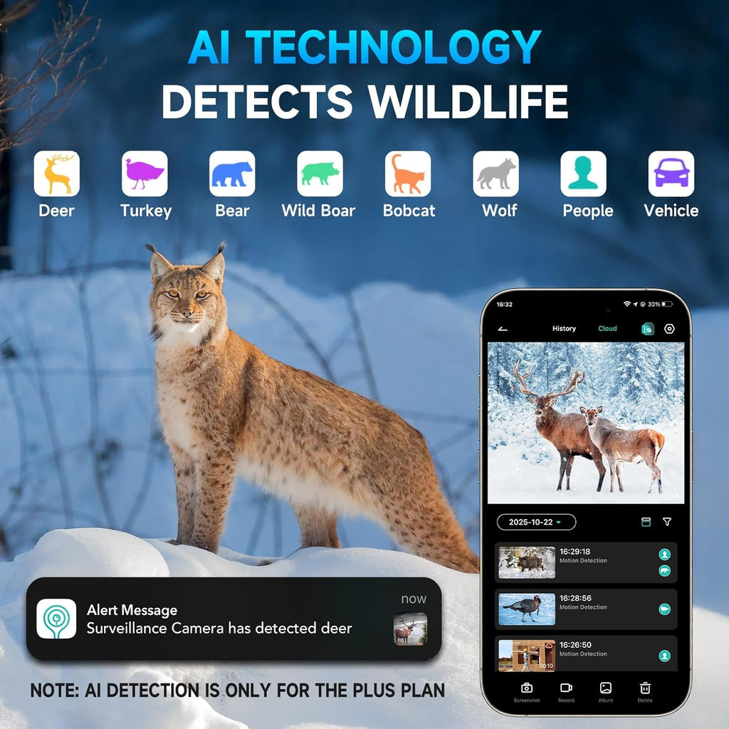 4G Cellular Trail Camera w/AI Detection, 2K 33MP Live Streaming Game Camera w/Unlimited Data Plan, No-Glow IR Flash, 120° FOV, 0.2S Fast Trigger, Two-Way Talk, Solar Panel & Battery Powered