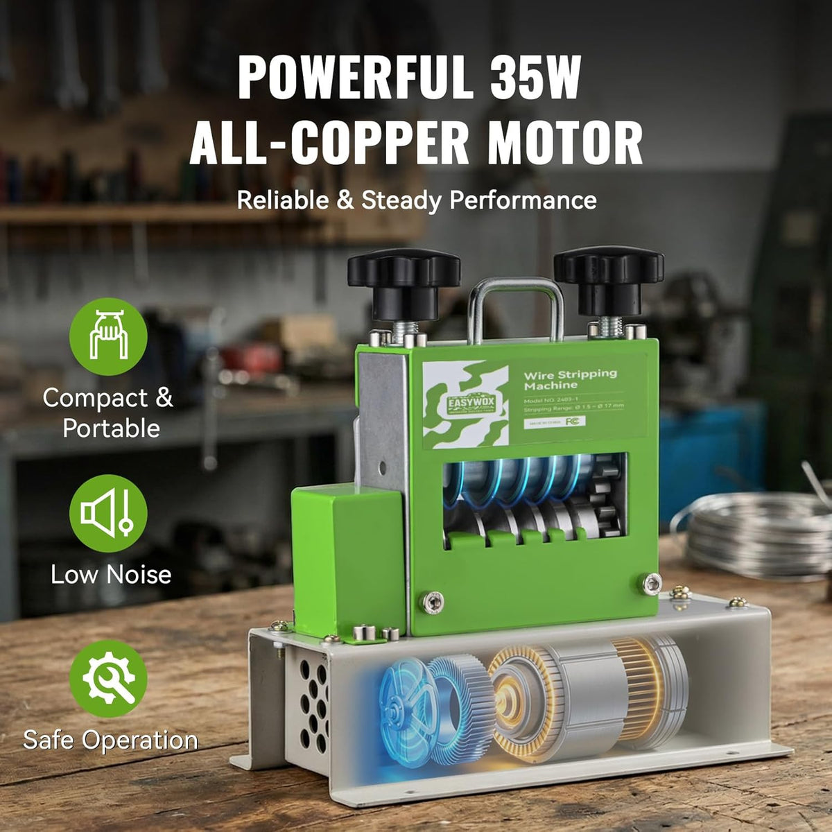 Electric Wire Stripping Machine, 0.06''-0.67'' Automatic Wire Stripper Machine with 6 Channels 5 Blades, Electric Cable Stripper Machine with 35 W All-Copper Motor for Leftover Cable Recycle