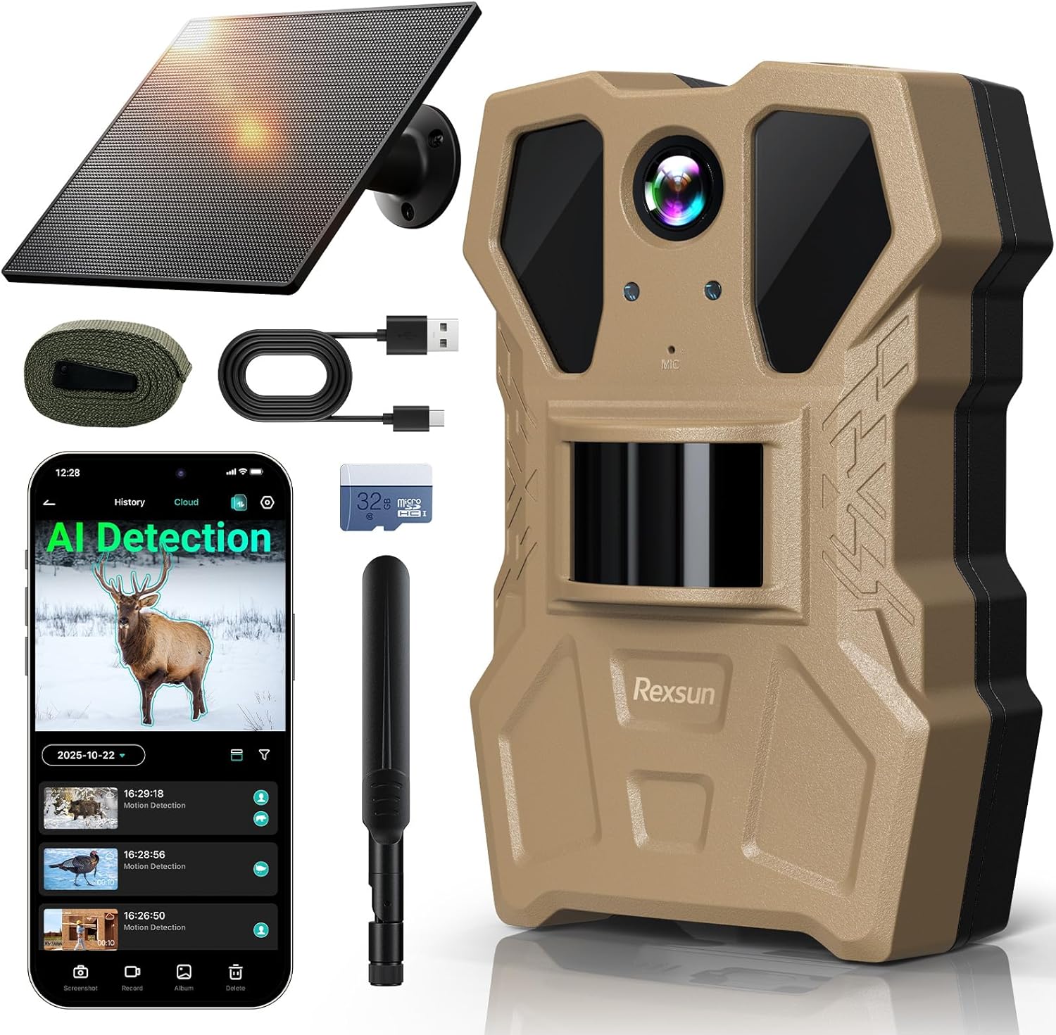 4G Cellular Trail Camera w/AI Detection, 2K 33MP Live Streaming Game Camera w/Unlimited Data Plan, No-Glow IR Flash, 120° FOV, 0.2S Fast Trigger, Two-Way Talk, Solar Panel & Battery Powered