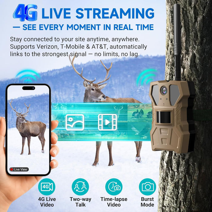 4G Cellular Trail Camera w/AI Detection, 2K 33MP Live Streaming Game Camera w/Unlimited Data Plan, No-Glow IR Flash, 120° FOV, 0.2S Fast Trigger, Two-Way Talk, Solar Panel & Battery Powered