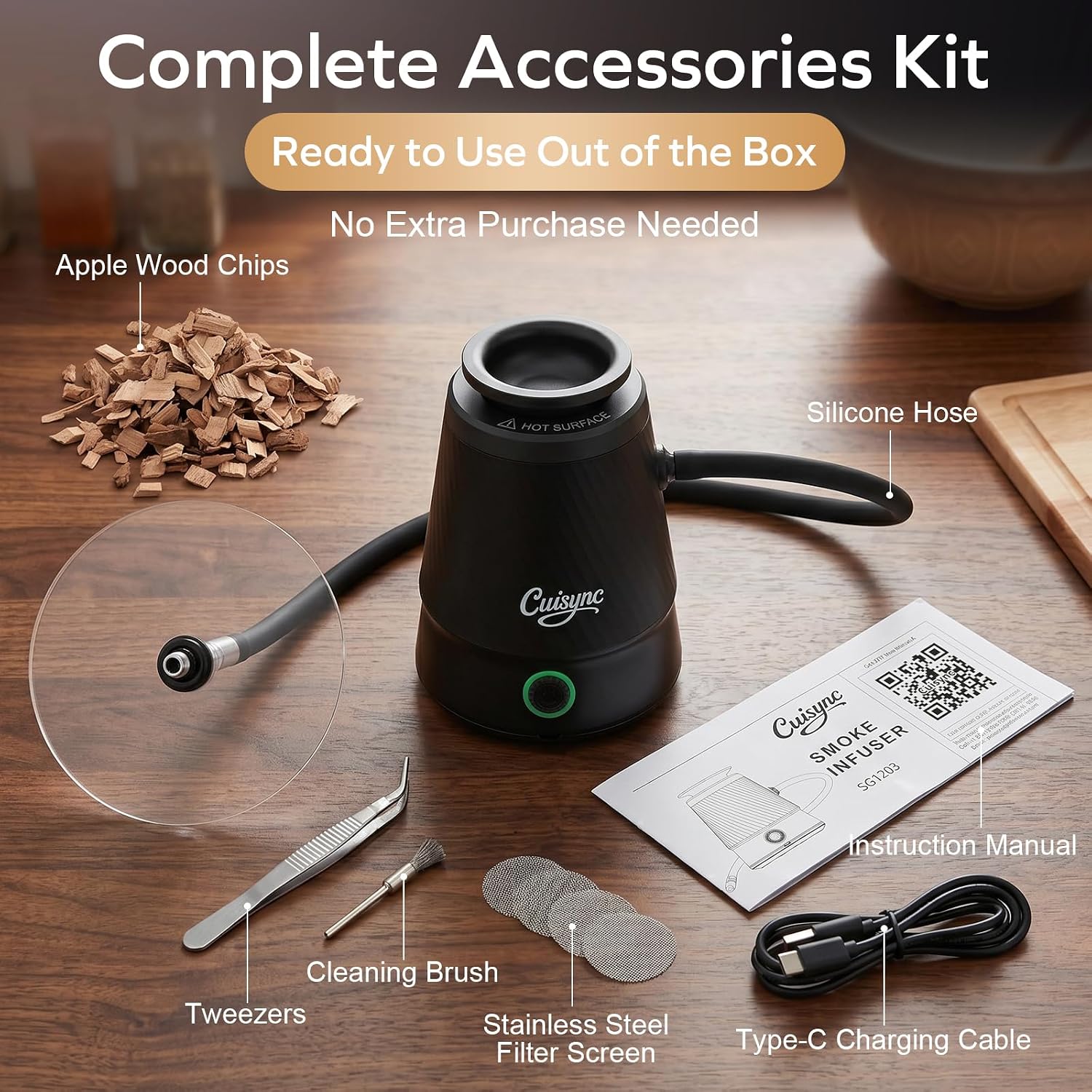 Rechargeable Whiskey Smoker Kit, Portable Cocktail Smoker Infuser, No Oil Smoke Contact & Prevents Tar Clogging, Comes with Apple Wood Chips, Ideal Smoker for Whiskey, Cocktail, Cheese, Gift for Men