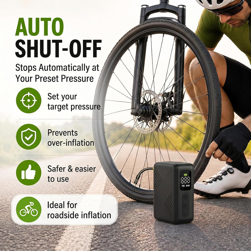 Mini Electric Bike Pump for Presta & Schrader Valves, 120PSI Portable Small Bicycle Tire Inflator Air Pump with Digital Gauge, Auto Stop, Fast Inflation, Type-C for Road Bike MTB E-Bike Balls