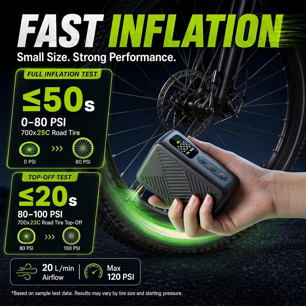 Mini Electric Bike Pump for Presta & Schrader Valves, 120PSI Portable Small Bicycle Tire Inflator Air Pump with Digital Gauge, Auto Stop, Fast Inflation, Type-C for Road Bike MTB E-Bike Balls