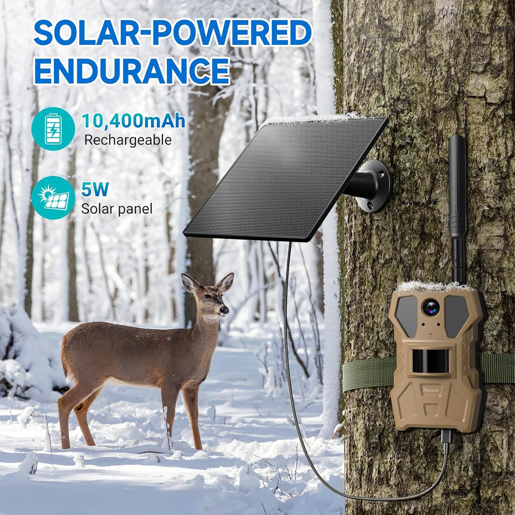 4G Cellular Trail Camera w/AI Detection, 2K 33MP Live Streaming Game Camera w/Unlimited Data Plan, No-Glow IR Flash, 120° FOV, 0.2S Fast Trigger, Two-Way Talk, Solar Panel & Battery Powered