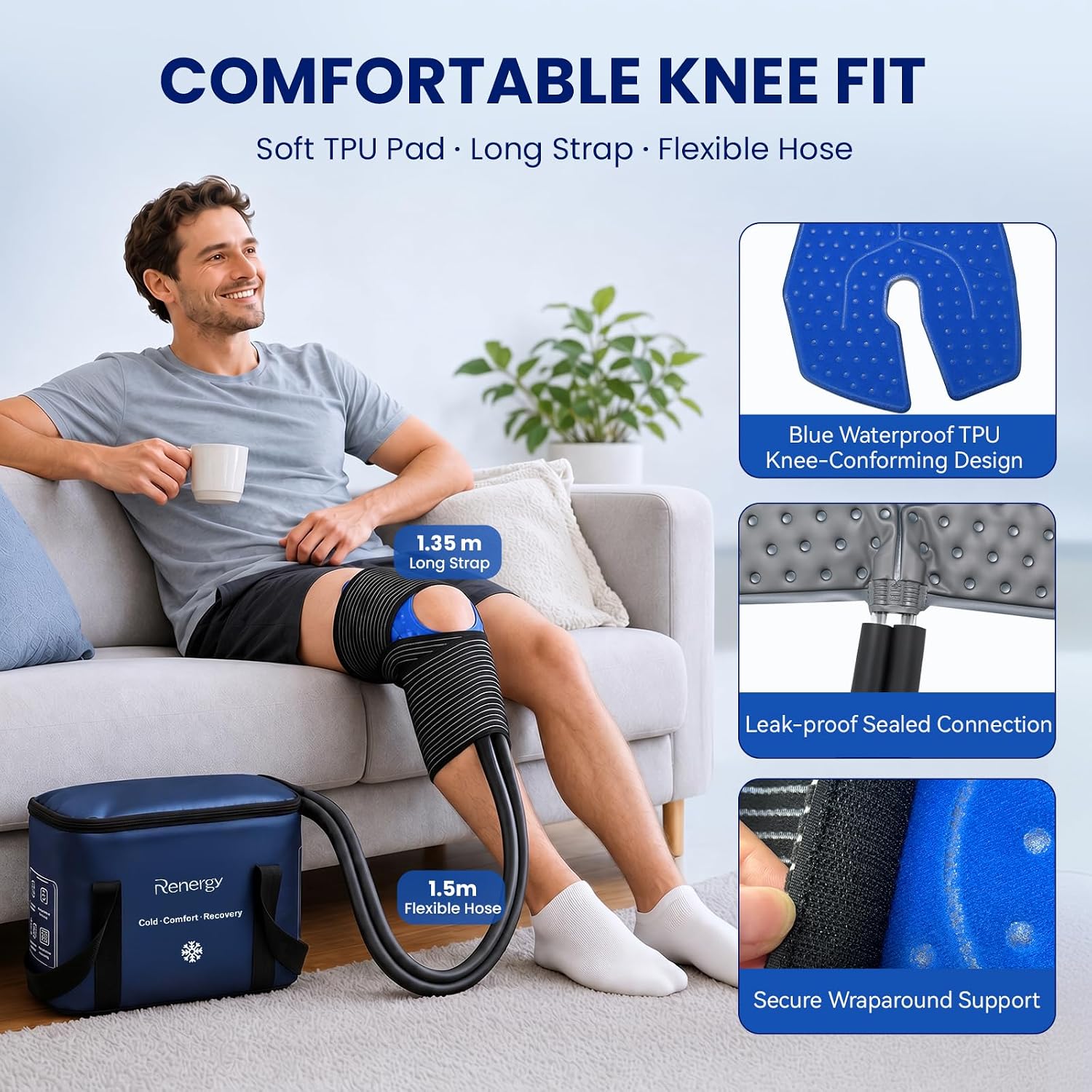 Renergy Ice Machine for Knee After Surgery, Portable Cold Therapy Machine for Knee Replacement, Post Surgery Ice Therapy System, Timer, 3 Flow Rates, Ice Compression Pad for ACL Recovery & Pain Relief