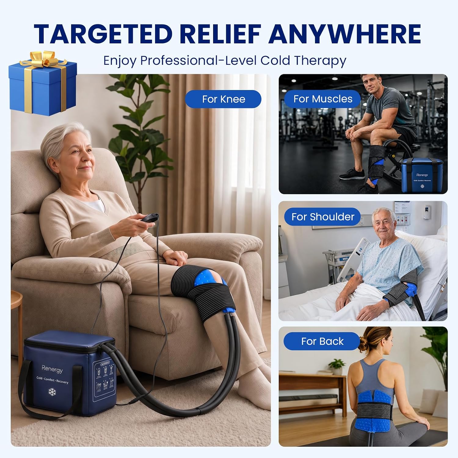 Renergy Ice Machine for Knee After Surgery, Portable Cold Therapy Machine for Knee Replacement, Post Surgery Ice Therapy System, Timer, 3 Flow Rates, Ice Compression Pad for ACL Recovery & Pain Relief