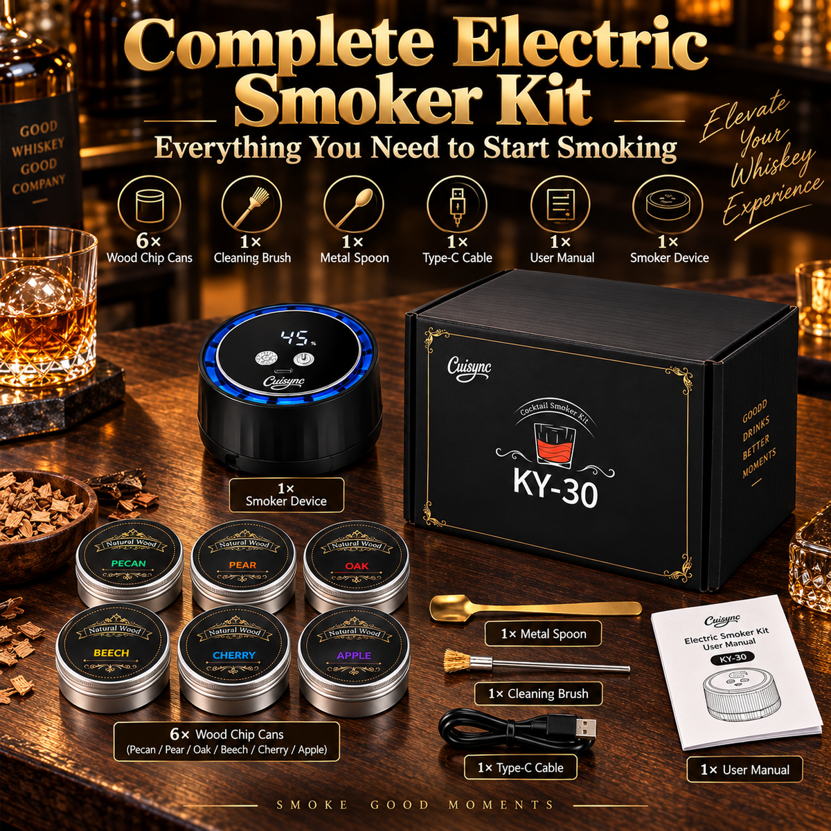 2026 New Electric Whiskey Smoker Kit with 6 Wood Chips